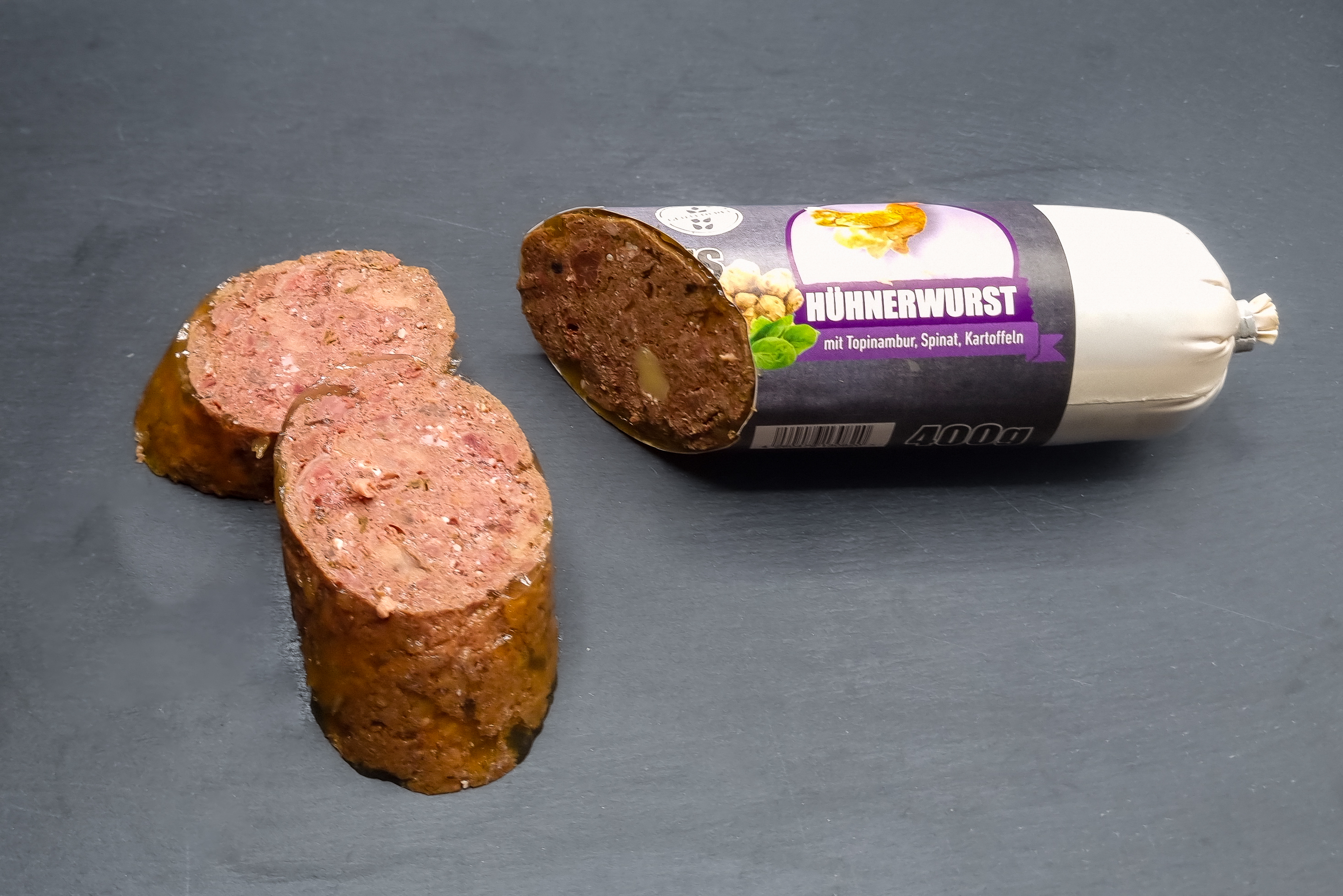 HÜHNERWURST mit Topinapur, Spinat und Kartoffeln