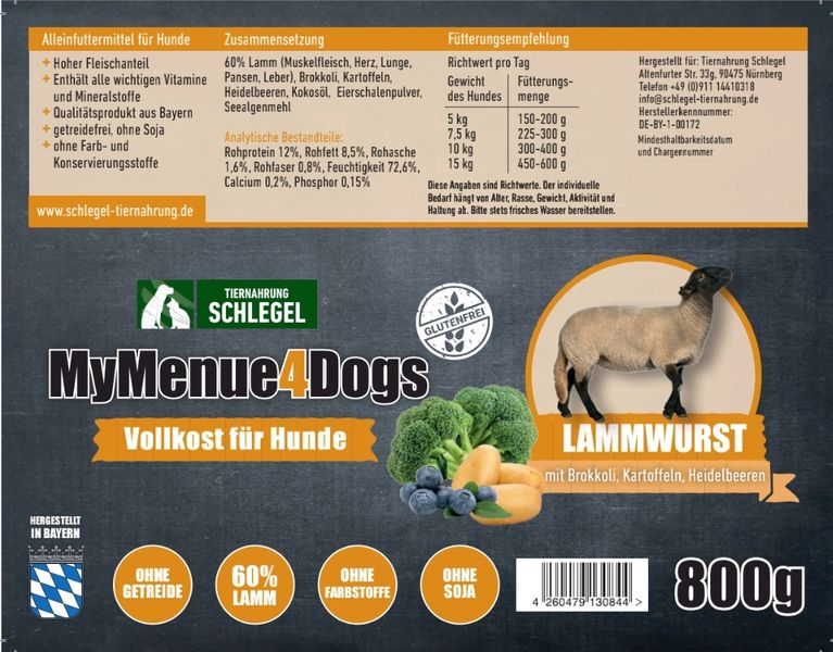 800g Lammwurst mit Brokkoli, Kartoffeln und Heidelbeeren 5+1 Wurst