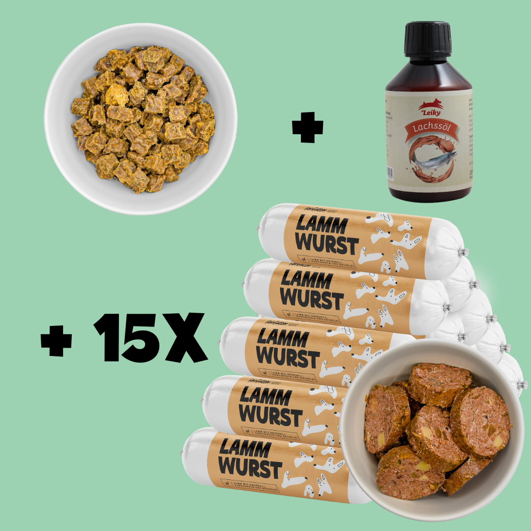Vorratspaket: 15x Lamm-Wurst + Kaninchen-Fleischwürfel + Lachsöl - NUR SOLANGE DER VORRAT REICHT