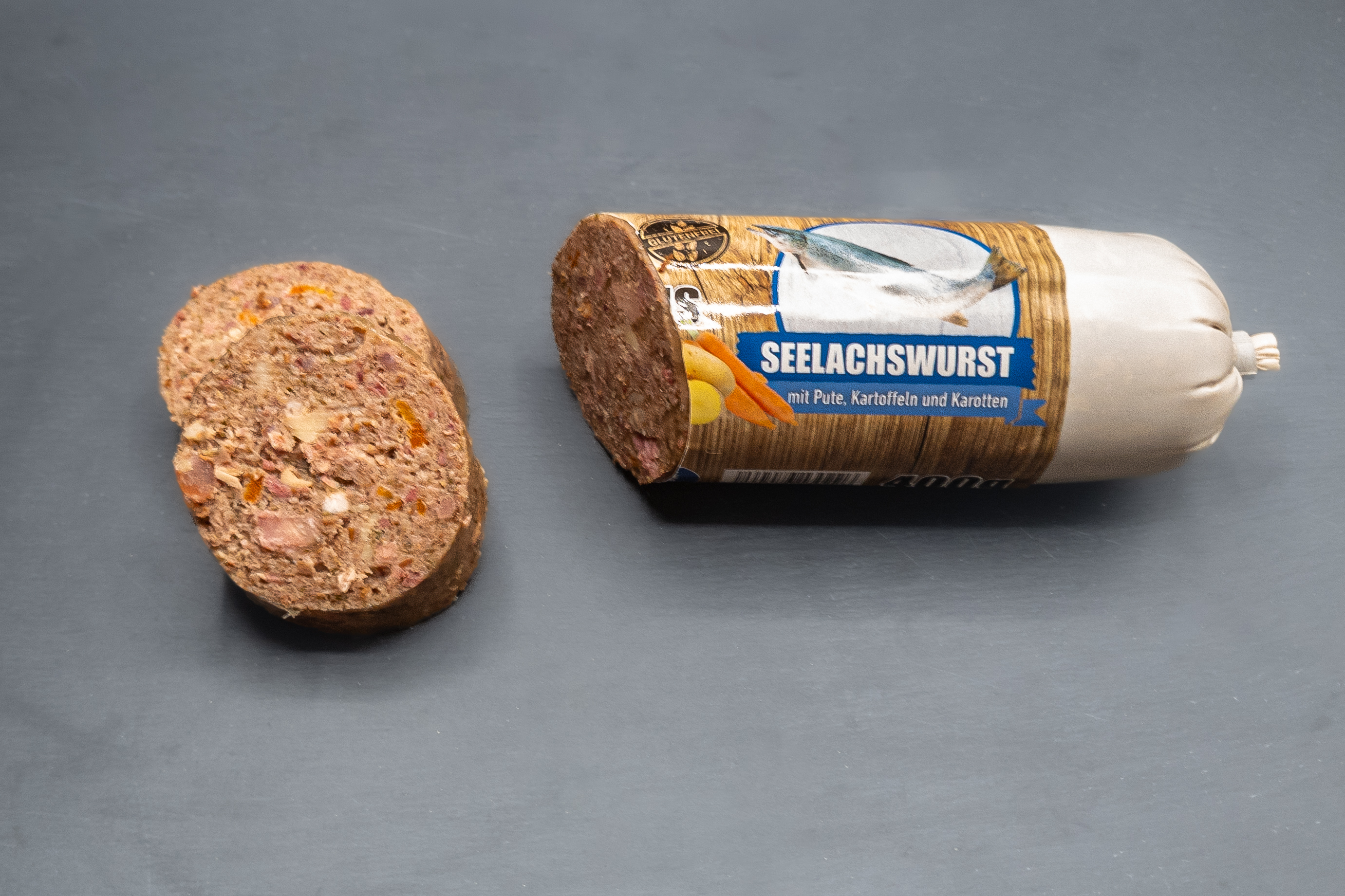 Lachswurst -  Seelachs mit Pute Kartoffeln und Karotten