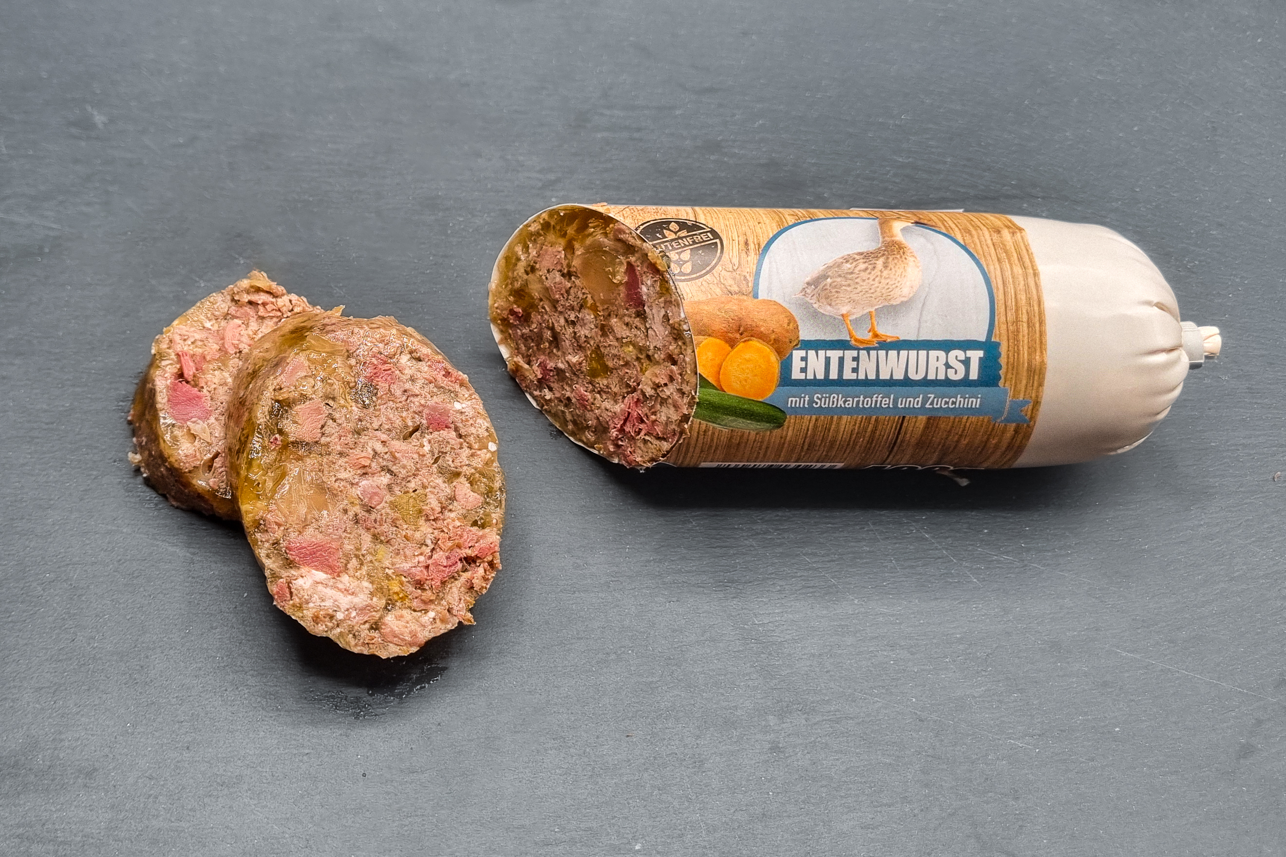 Entenwurst- Ente mit Süßkartoffel und Zucchini
